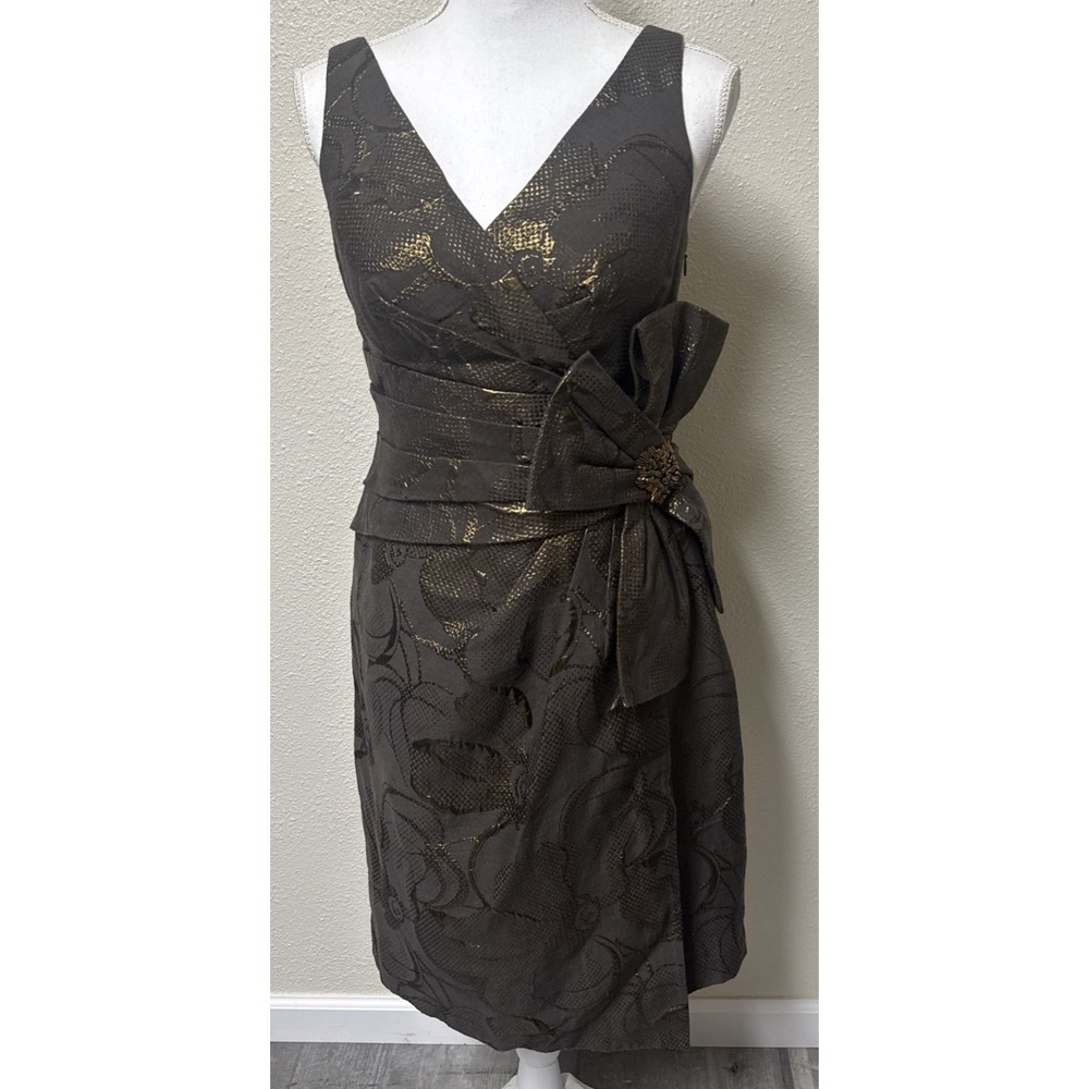 Kay Unger Cocktail Dressβ Metallic Floral Jacquard Ruching Dramatic Bow Beaded 6